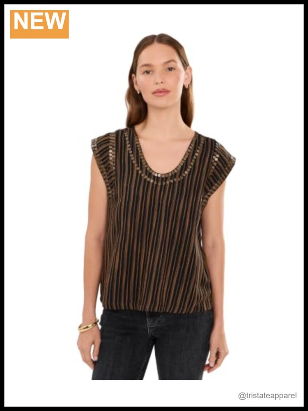 Embellished Striped Shell Top Scoop Neck Cap Sleeve Blouse